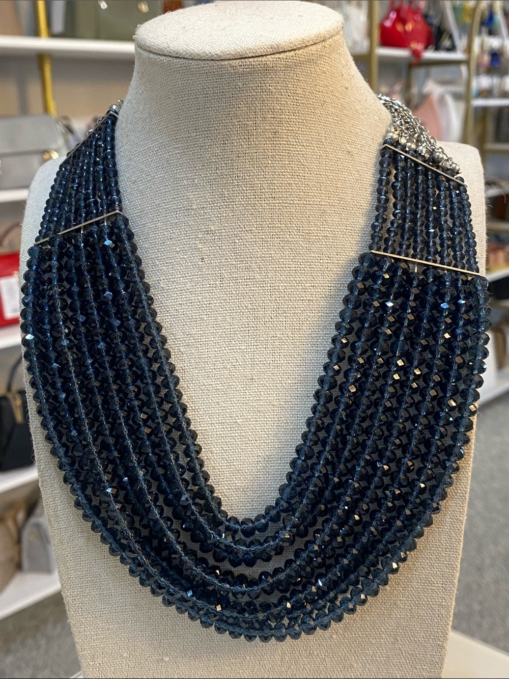 Glass Multi-Strand Navy Beaded Statement Necklace - Unbranded